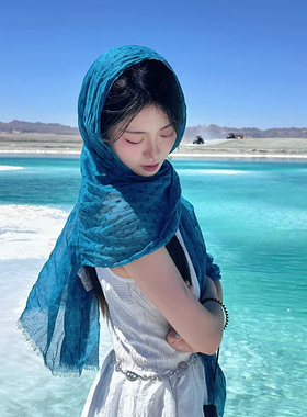 湖蓝色丝巾薄款新疆西藏西北旅游拍照披肩女外搭头巾纱巾围巾配饰