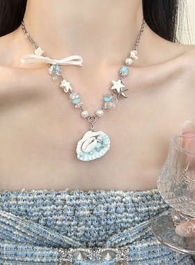 蓝色海星贝壳串珠项链女