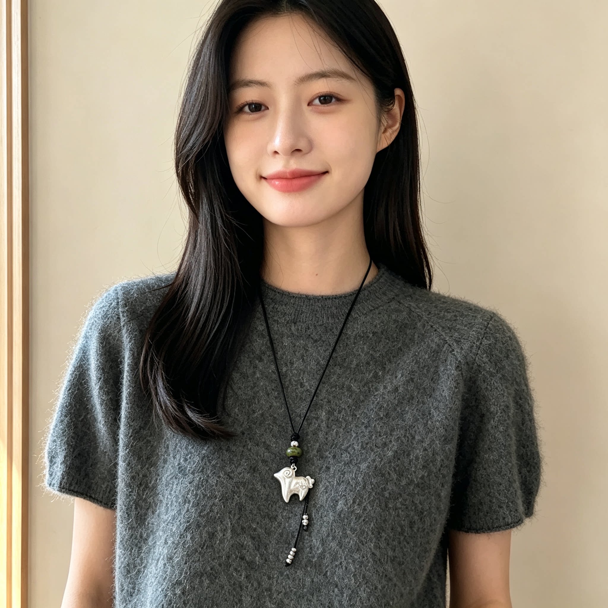铜皮质项链 拉丝小羊吊坠项链女2026新款设计感小众毛衣链配饰潮