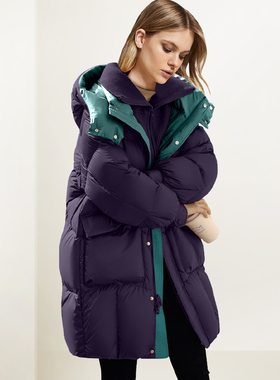 紫色连帽长款羽绒服女2025年冬装新款鸭绒宽松保暖休闲面包外套潮
