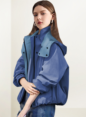 QOOEL时尚休闲防风衣短外套女2025秋新款设计感连帽洋气宽松上衣