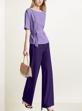 洋气紫色简约通勤套装女2026年夏装新款气质T恤上衣长裤两件套潮