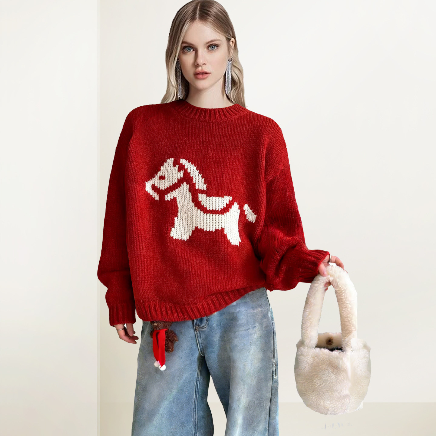 QOOEL设计感新年红本命年小马图案毛衣2026春季新款减龄针织衫女,女装/女士精品,毛衣,淘宝优惠券,粉丝福利购,淘宝优惠卷