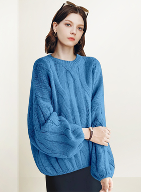 QOOEL复古麻花宽松圆领蓝针织衫女2025冬季新款灯笼袖慵懒风毛衣