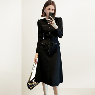 QOOEL气质黑色连衣裙女长袖收腰2026春款排扣中长款千金风职场裙