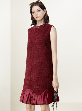 QOOEL小香风复古气质连衣裙2025年冬季新款设计感拼接无袖背心裙