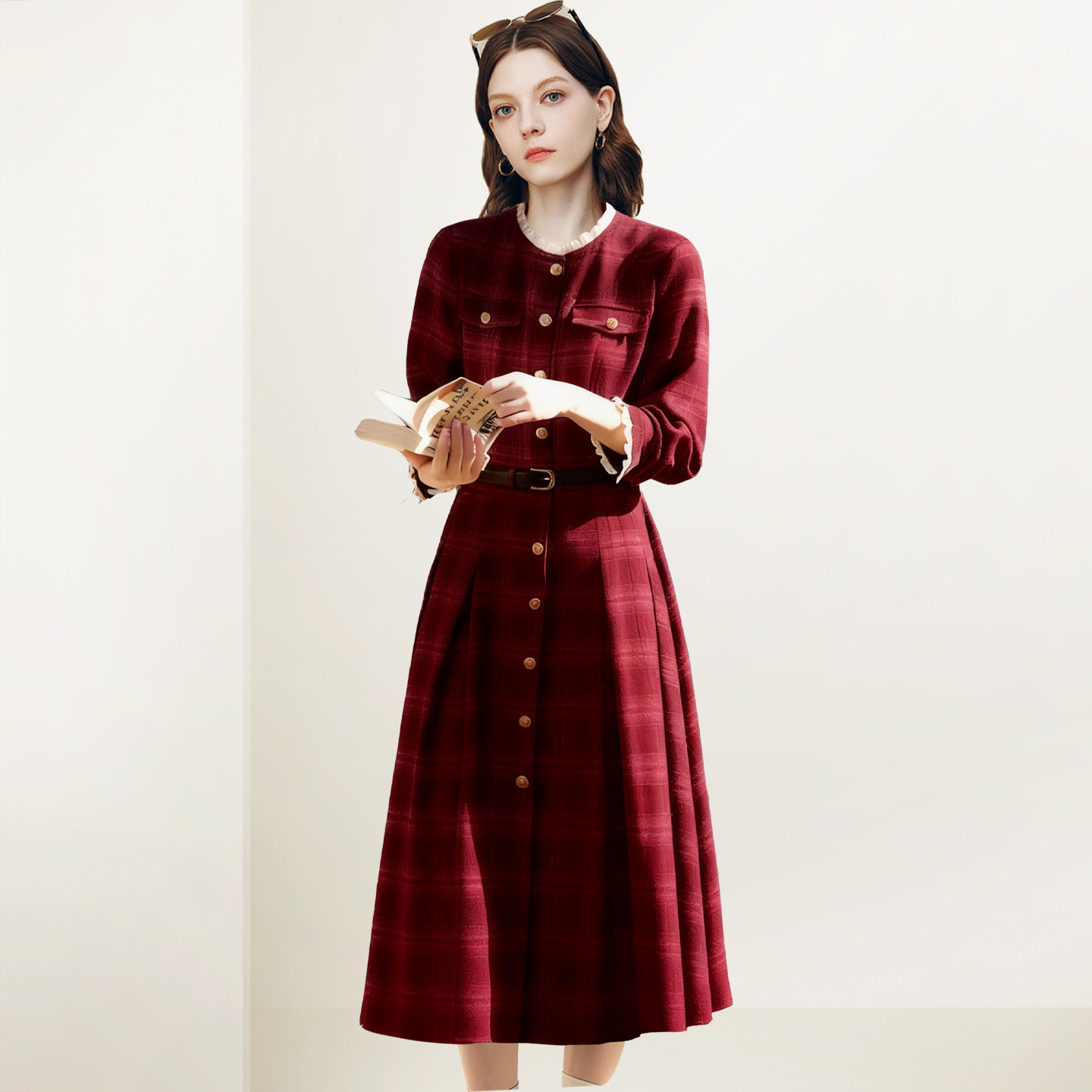 QOOEL超好看气质复古格子裙女2025秋冬新款中长款修身通勤连
