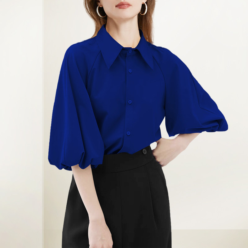 法式洋气复古克莱因蓝色衬衫女2026年夏新款宽松显瘦别致叠穿衬衣