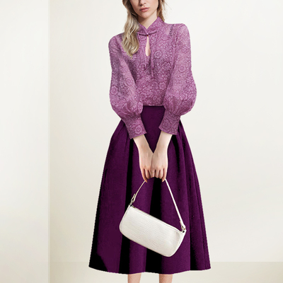 紫色印花衬衫大摆半裙两件套搭