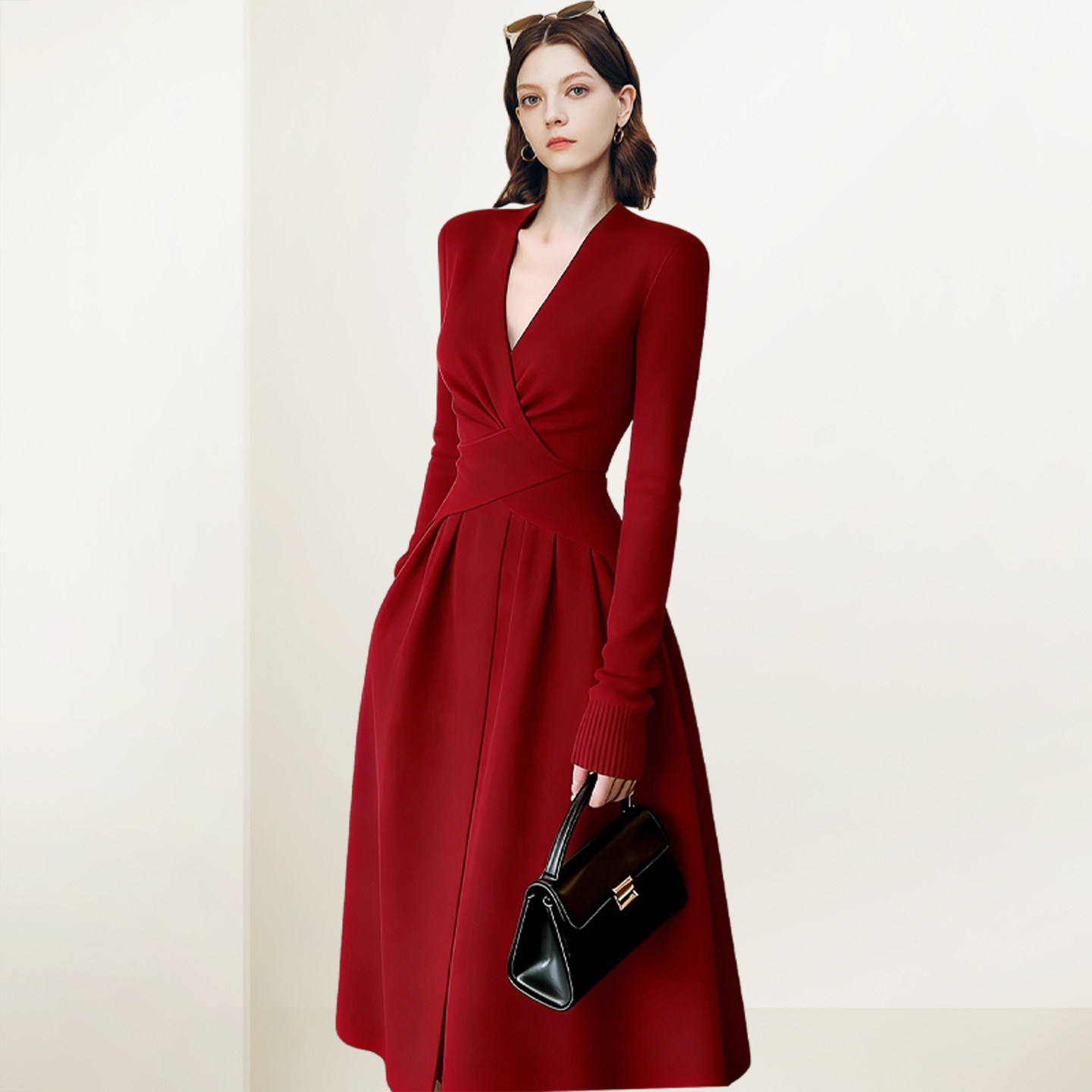 QOOEL女神范正红V领修身连衣裙2026春季新款设计感复古气质长裙女,女装/女士精品,连衣裙,淘宝优惠券,粉丝福利购,淘宝优惠卷