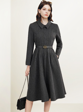 QOOEL法式高级感灰色连衣裙2025秋冬新款设计简约优雅通勤中长裙