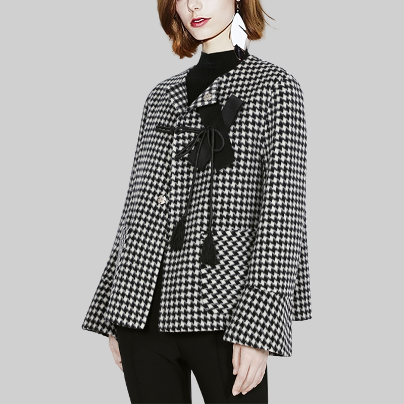 千鸟格羊毛呢子大衣女