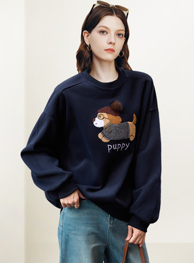 QOOEL设计感时尚休闲卡通图案卫衣2025秋冬新款藏青圆领宽松上衣