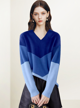 QOOEL减龄撞色V领针织衫女2025年秋冬新款高级感小众别致百搭毛衣