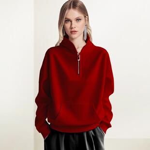 2026年春季新款时尚气质高级感半拉链高领红色卫衣宽松外穿上衣潮