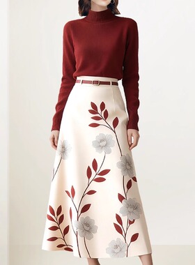 QOOEL高级感气质套装2025秋冬新款通勤针织上衣印花半身裙两件套