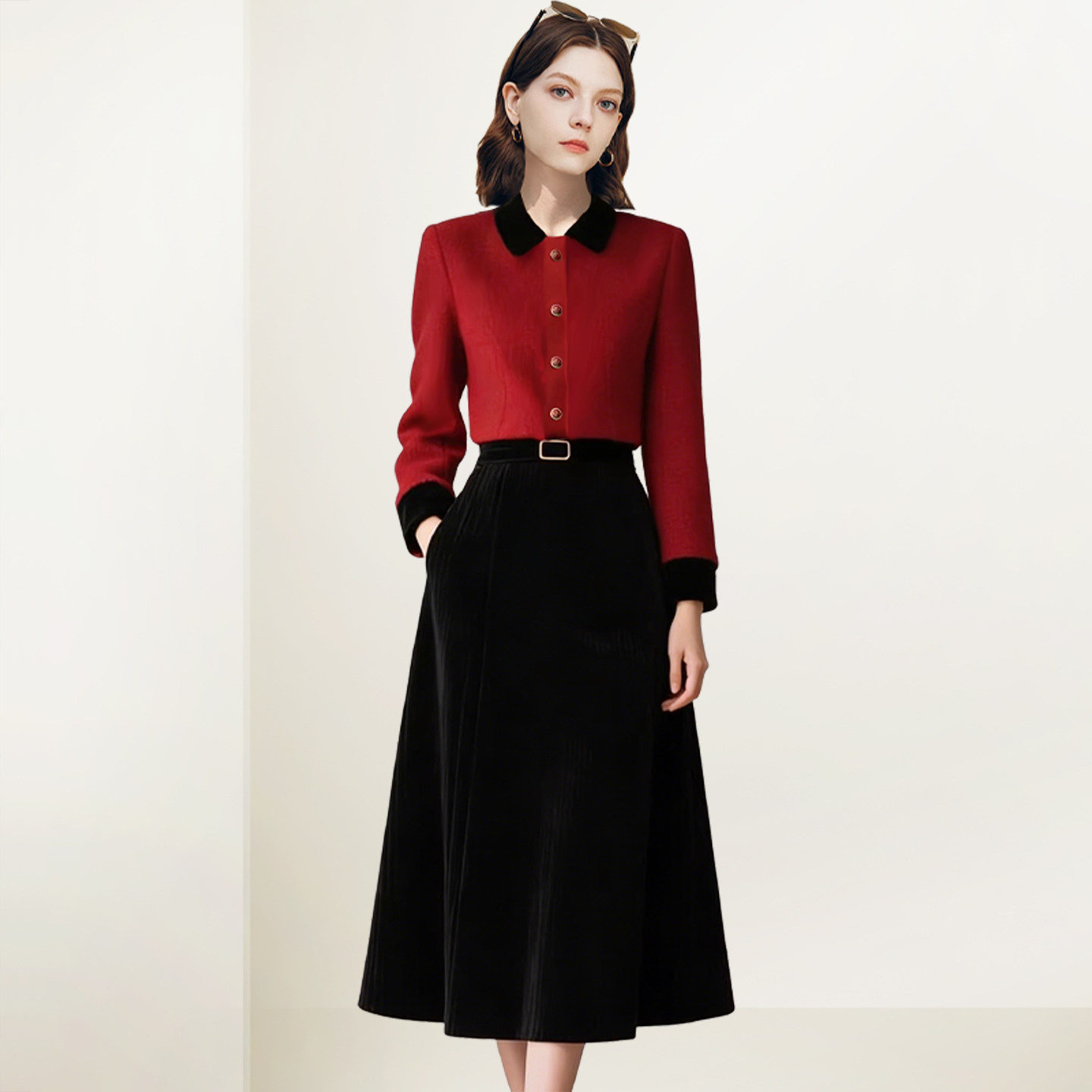 QOOEL红色小翻领衬衫黑色半身裙套装2026春季新款通勤百搭两件套,女装/女士精品,时尚套装,淘宝优惠券,粉丝福利购,淘宝优惠卷