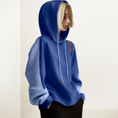 蓝色连帽撞色简约卫衣女2026年春季 新款 气质减龄宽松休闲抽绳上衣