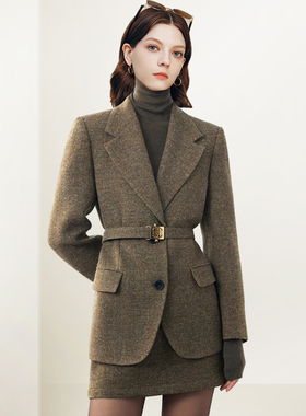 QOOEL高级感轻奢复古西服2025秋冬新款修身气质职业通勤毛呢外套