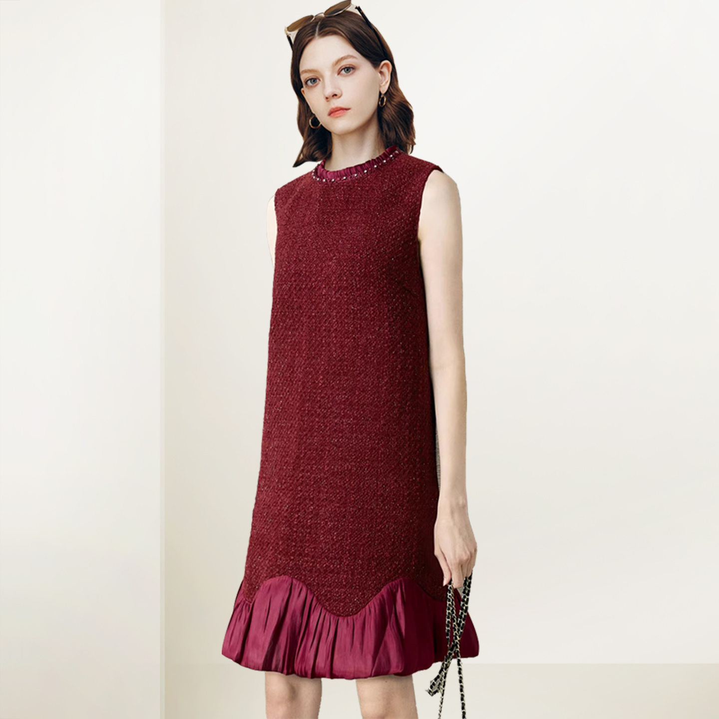 QOOEL小香风复古气质连衣裙2025年冬季新款设计感拼接无袖背心裙