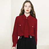 衬衫 2026年春季 新款 QOOEL红色系带长袖 时尚 复古通勤气质职业上衣