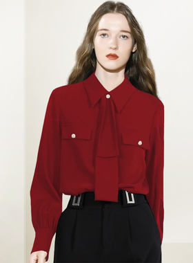 QOOEL红色系带长袖衬衫2025年秋冬新款时尚复古通勤气质职业上衣