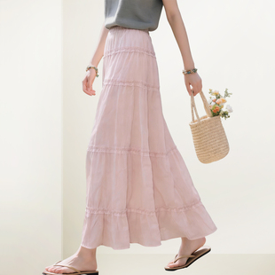 QOOEL淑女风压褶半身裙2026春夏新款 高腰显瘦大摆蛋糕裙遮胯长裙