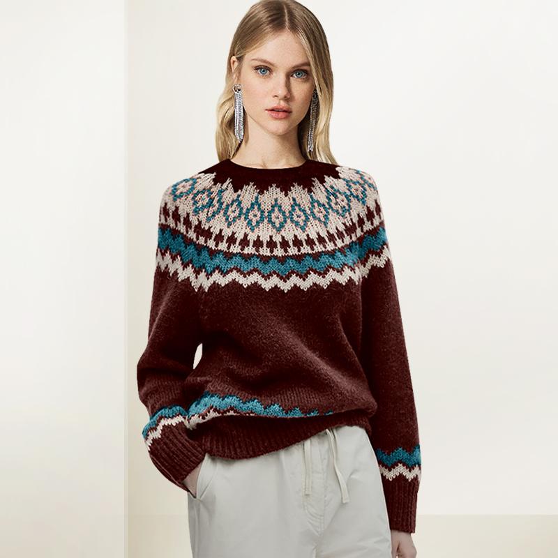 绿色复古提花宽松毛衣女