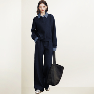 QOOEL时尚减龄复古两件装女2026春季新款衬衫领卫衣裤子整套穿搭