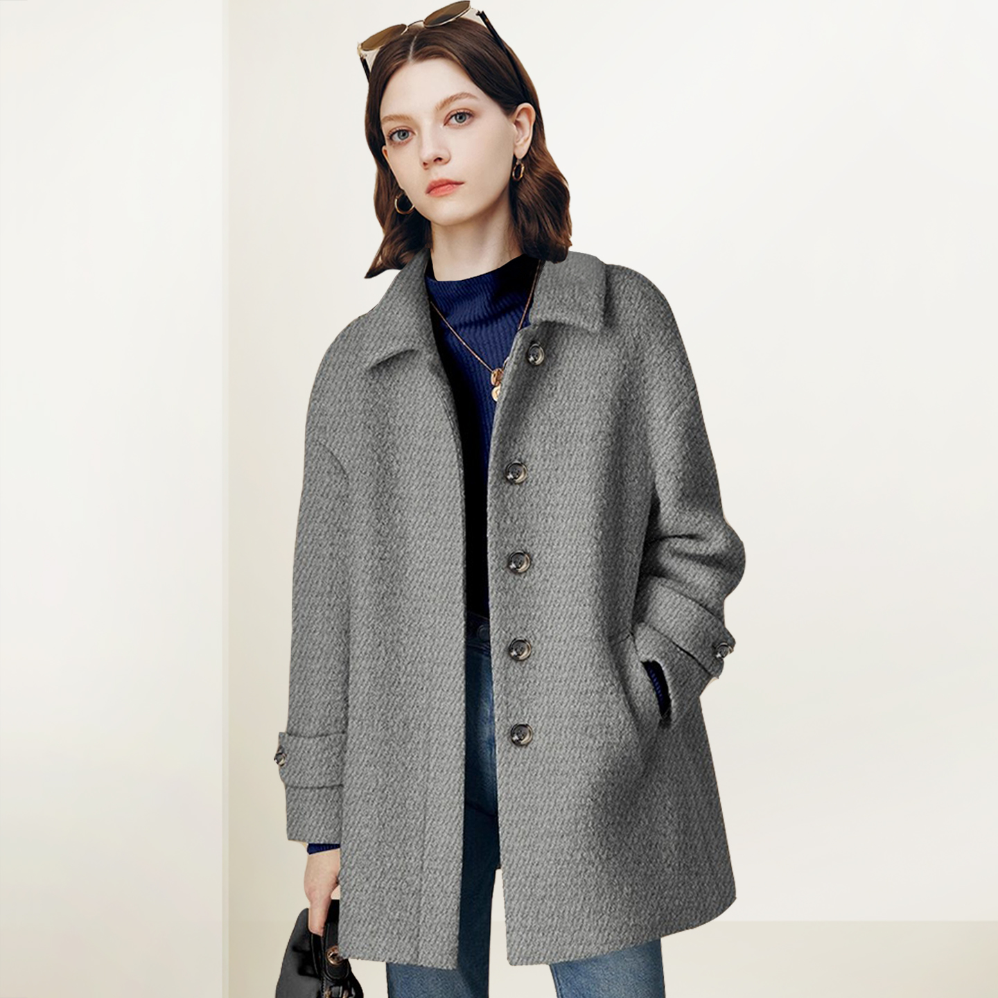 时尚高级感单排扣翻领毛呢大衣