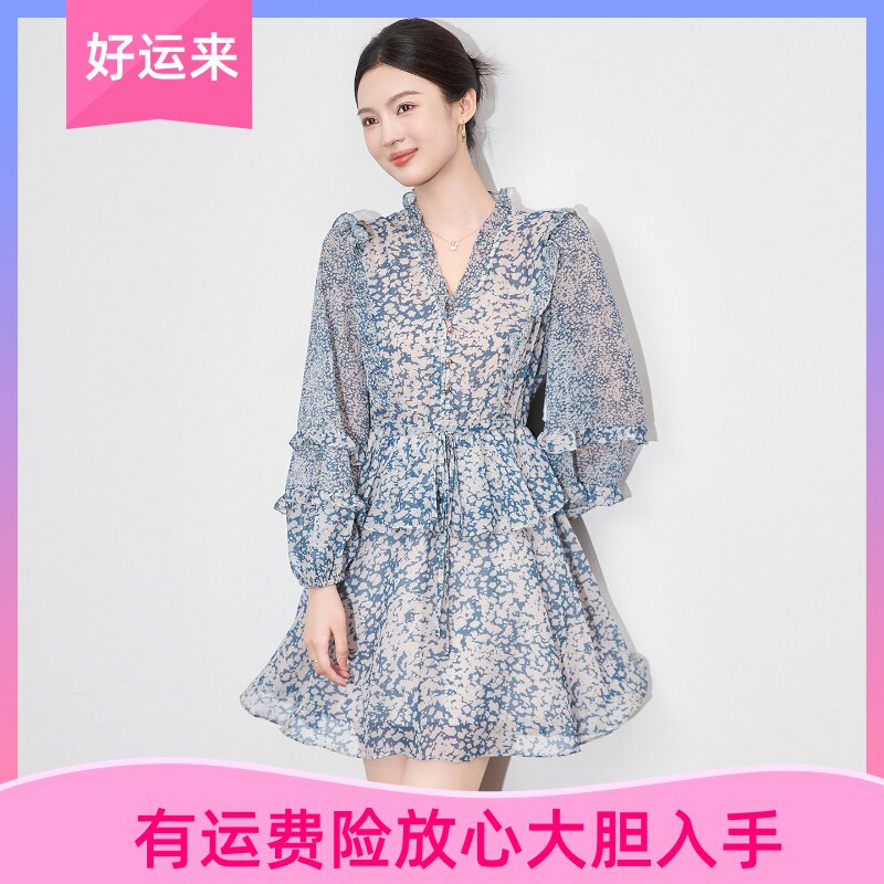 高品质印花雪纺法式收腰连衣裙