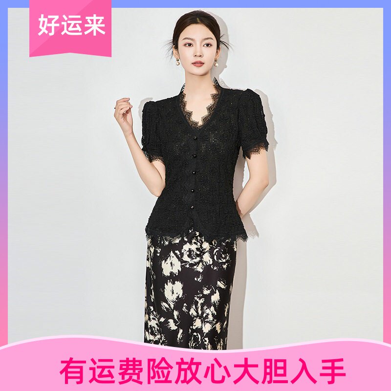 法式名媛气质泡泡袖蕾丝短袖