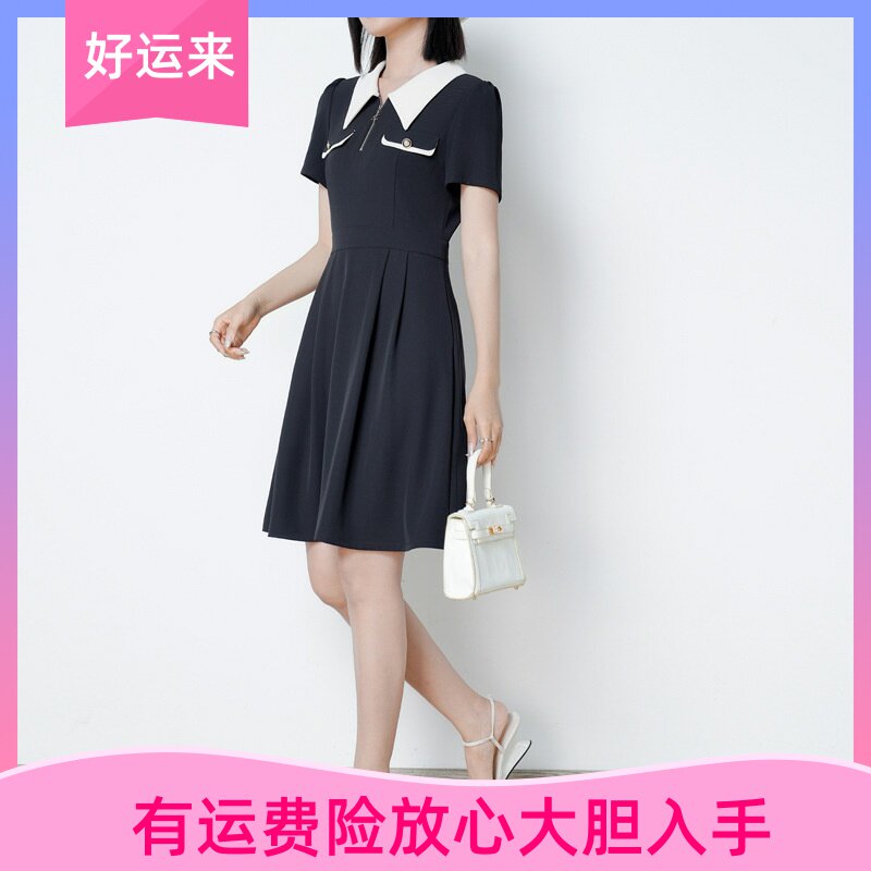 法式撞色翻领短袖连衣裙女2025夏