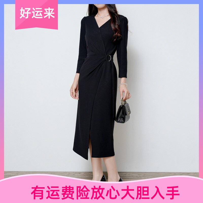 雅丽堡深圳南油春秋季V领中长气质修身显瘦开叉连衣裙赫本小黑裙