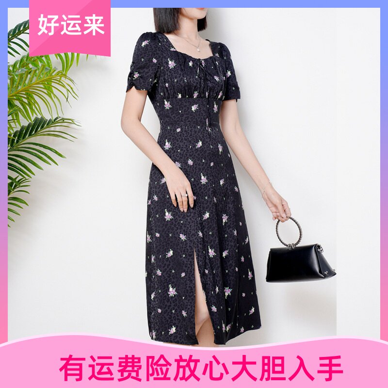 黑色赫本风碎花连衣裙女夏新款法