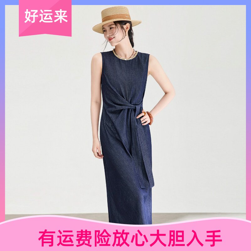 高级感天丝棉抽皱设计连衣裙女