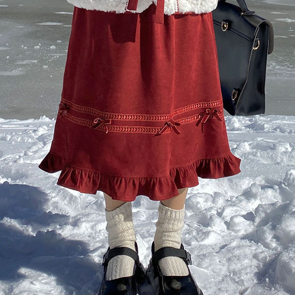 秋冬少女加厚百搭红色半身裙
