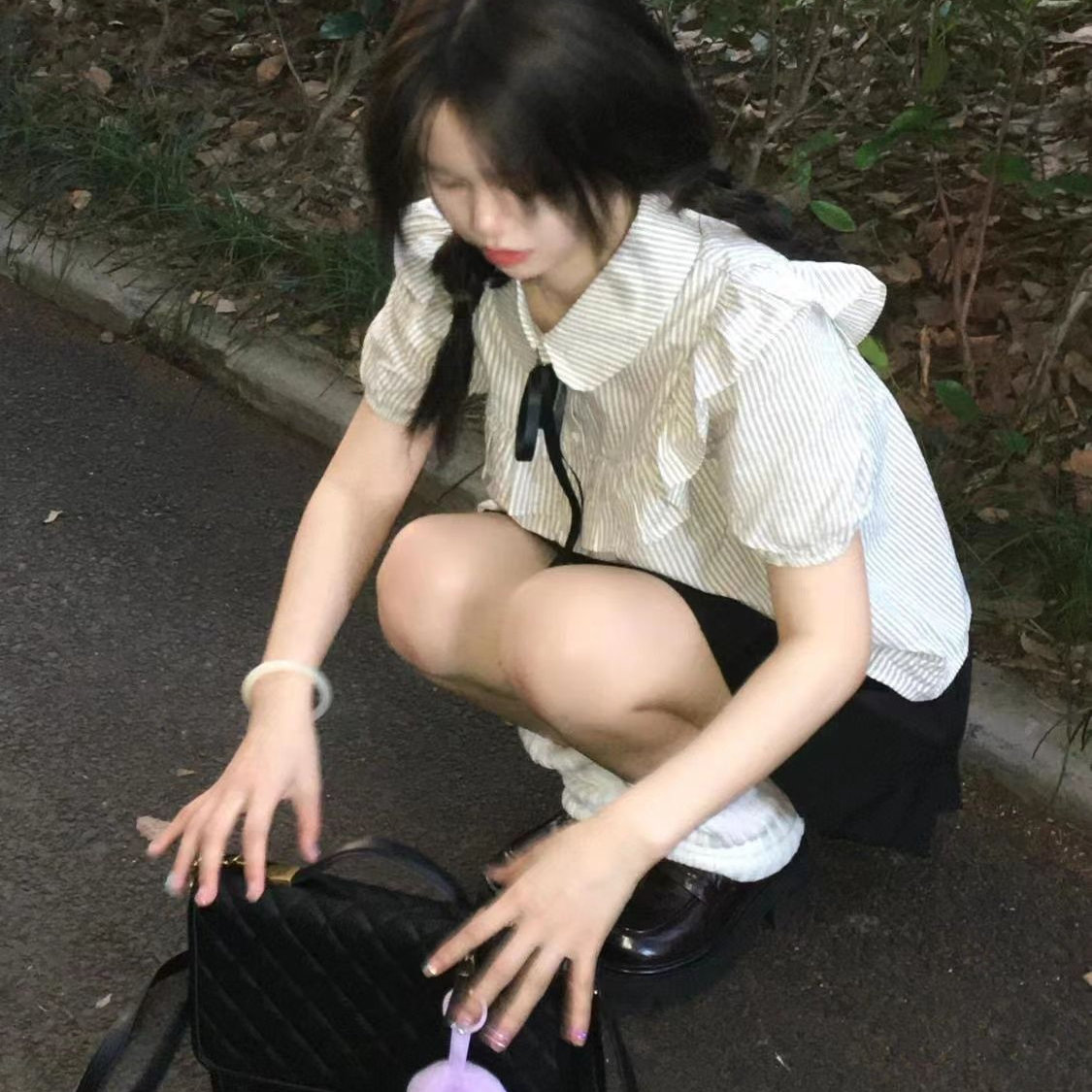 韩系套装女纹衬衫+高腰jk百褶裙