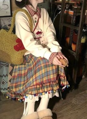 新年多巴胺少女节日感彩虹格子半身裙百褶裙圣诞衣服可爱长裙子女