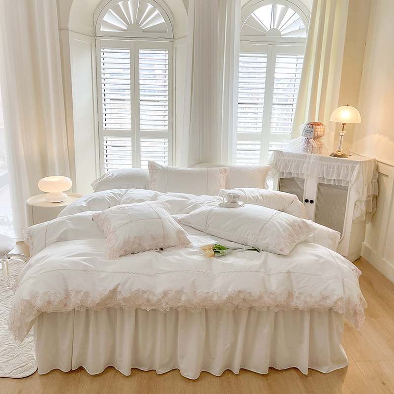 韩版纯棉斜纹床裙床品公主风花边被套新款纯棉四件套妮可