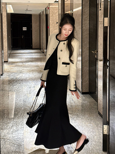欧洲站秋冬新款法式高级感名媛气质小香风外套黑色连衣裙两件套装