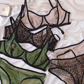 豹纹小众网纱内衣薄内衣性感蕾丝文胸套装 新品 法式
