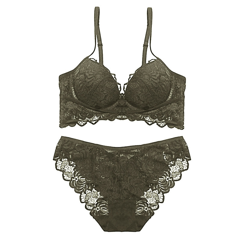 夏季蕾丝性感内衣套装小胸聚拢深V女文胸罩绿色欧美