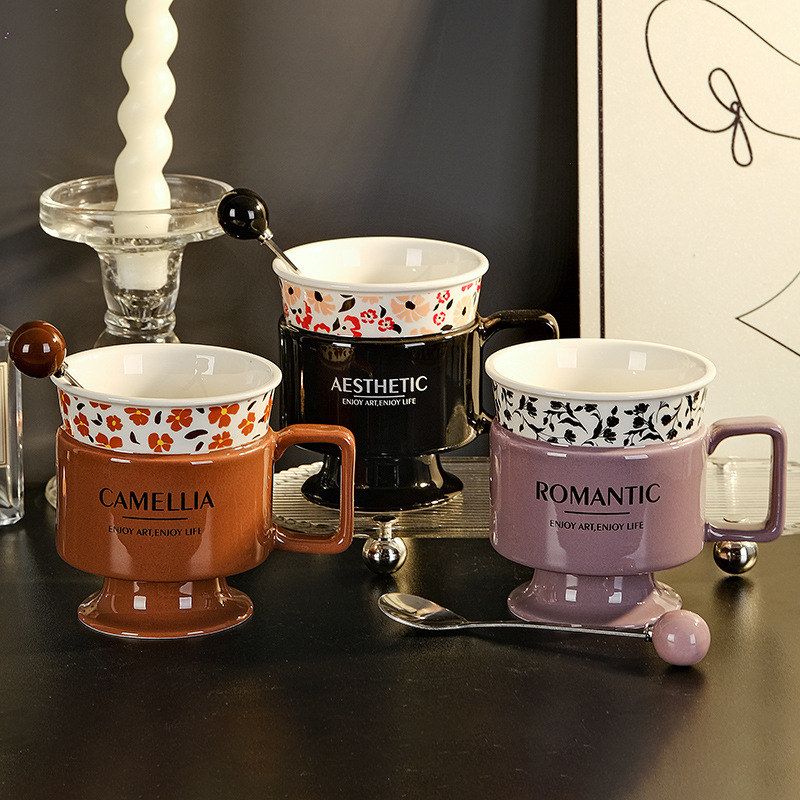 法式马克杯轻奢高脚杯办公室咖啡杯高颜值陶瓷杯子伴手礼女士水杯