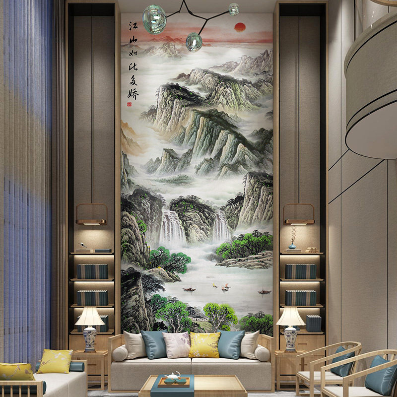 5D巨幅走廊国画电视背景墙壁纸水墨山水别墅大型壁画玄关墙布