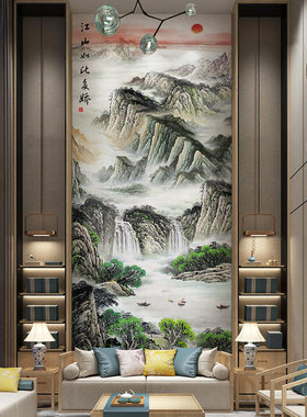 5D巨幅走廊国画电视背景墙壁纸水墨山水别墅大型壁画玄关墙布