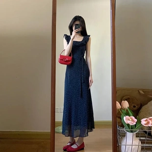 蓝色波点小飞袖 收腰显瘦碎花雪纺吊带长裙 连衣裙子女夏季 茶歇法式