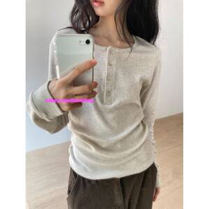 eihey诶嘿基础款修身圆领纽扣长袖休闲上衣T恤女纯色内搭打底衫春