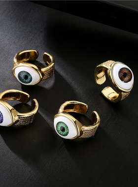 澳古 跨境货源 欧美热卖铜镀18K金立体恶魔之眼戒指开口可调节女