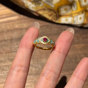S925纯银复古蓝花红石戒指女款新中式食指戒vintager古着指环